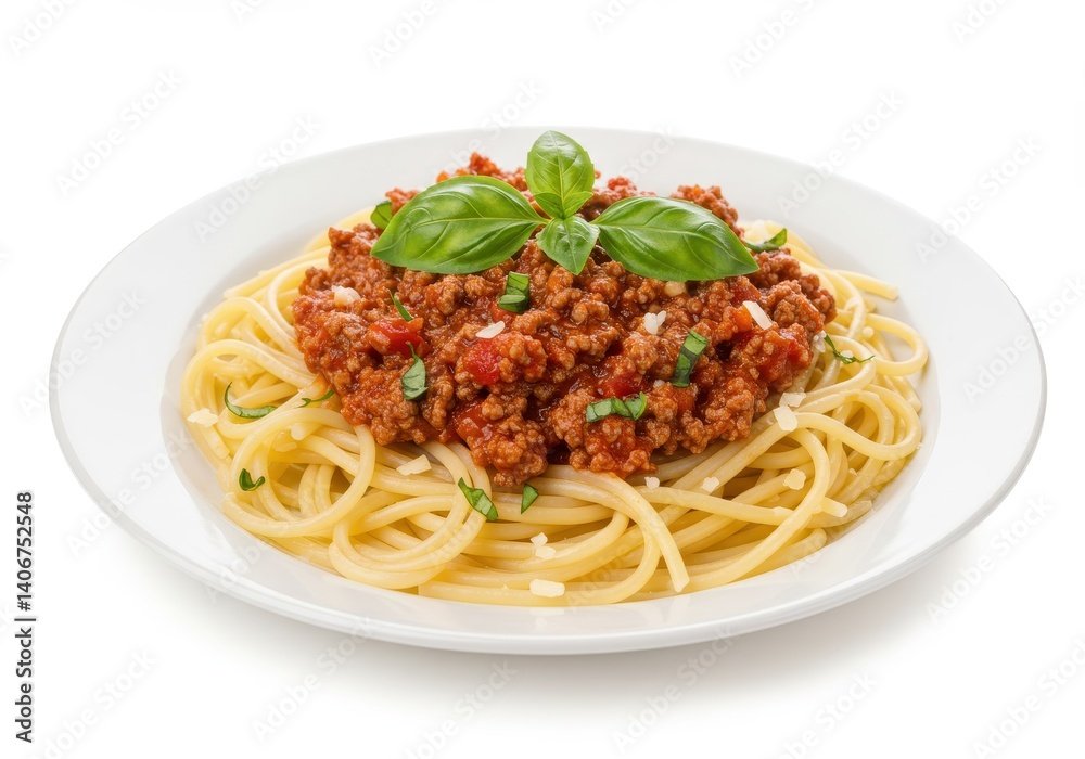 Spaghetti Bolognese pasta with basil and cheese served in bowl isolated on white background Spaghetti Bolognese pasta with basil and cheese served in bowl isolated on white background
