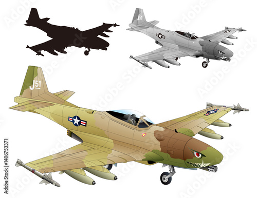 第二次戦闘機などで活躍したレトロな米軍P-51マスタング戦闘機を近未来的な軽ジェット戦闘攻撃機にトランスフォーム進化させた砂漠迷彩塗装版のオリジナル発想イラスト