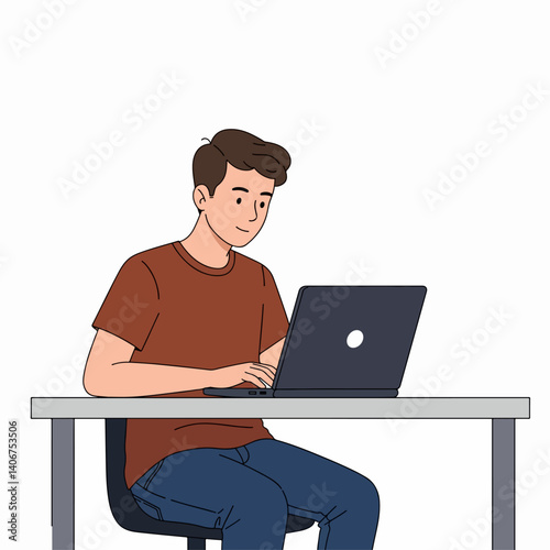 A teenager browsing on a laptop, engaged expression – style flat design, simple, minimalist, plain white background