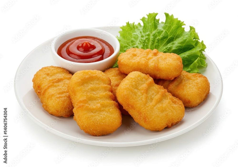 Crispy chicken nuggets served with ketchup and lettuce on plate isolated on white background Crispy chicken nuggets served with ketchup and lettuce on plate isolated on white background