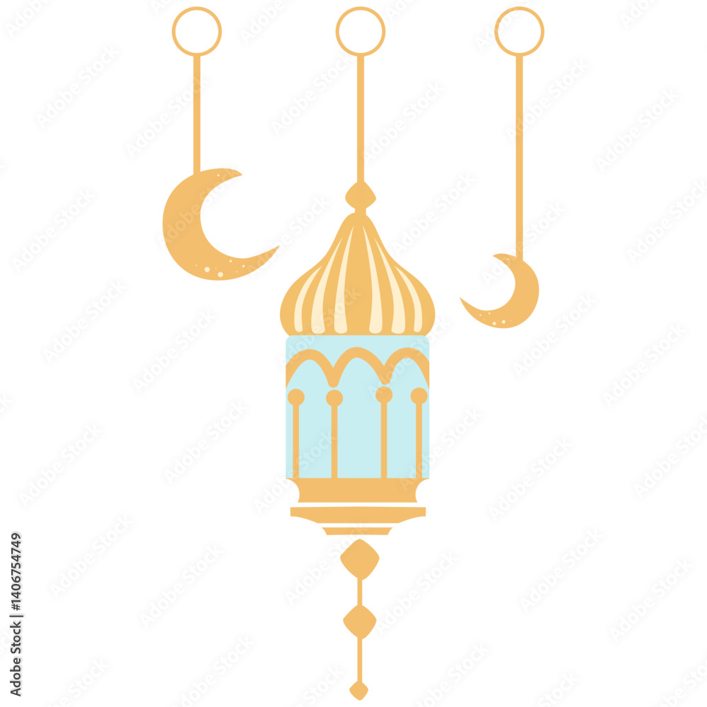 Flat pastel vector illustration of an Islamic lantern with hanging crescent moons. Perfect for Ramadan, Eid, or festive decorations. Clean design for digital and print use. Flat pastel vector illustration of an Islamic lantern with hanging crescent moons. Perfect for Ramadan, Eid, or festive decorations. Clean design for digital and print use.