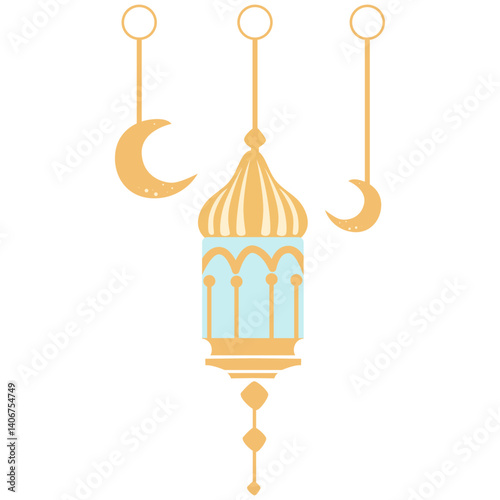 Flat pastel vector illustration of an Islamic lantern with hanging crescent moons. Perfect for Ramadan, Eid, or festive decorations. Clean design for digital and print use.