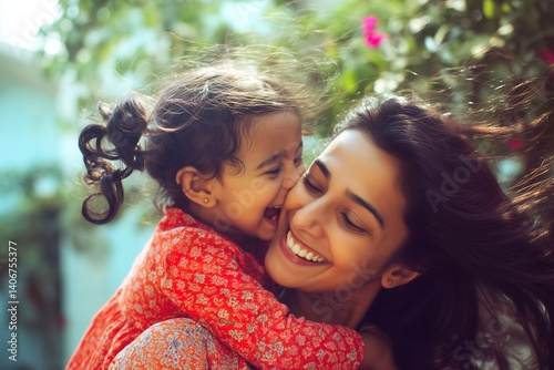 Happy indian mother having fun with her daughter outdoor - Family people and love concept - Focus on mum face