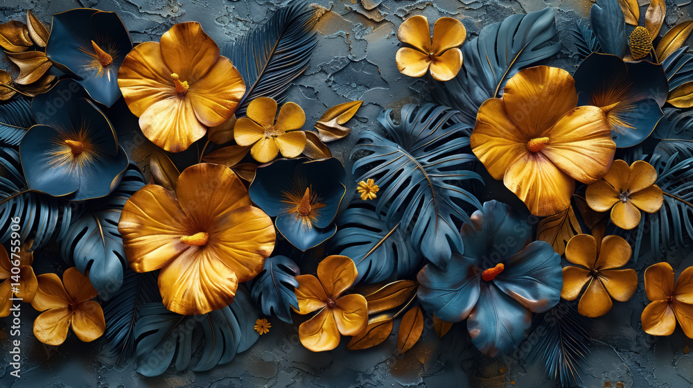 Modern floral abstract art with golden elements
