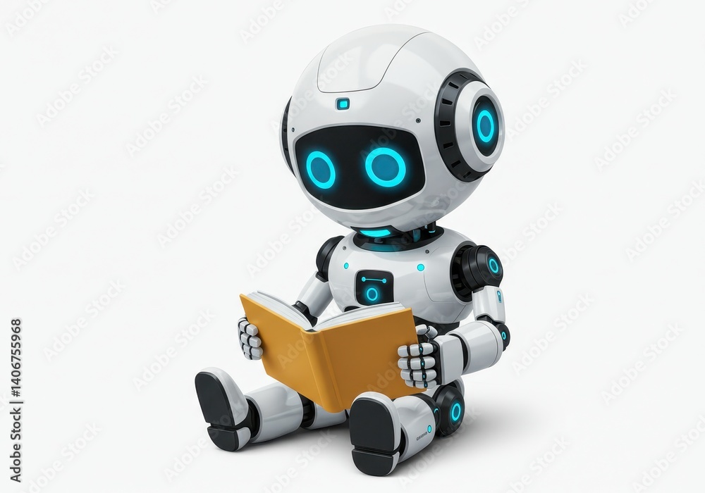 Futuristic robot reading a book while sitting isolated on white background Futuristic robot reading a book while sitting isolated on white background
