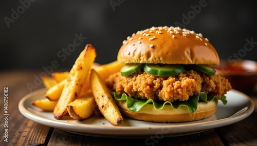 Crispy chicken sandwich, seasoned wedges, dipping sauce, cafe, shot
