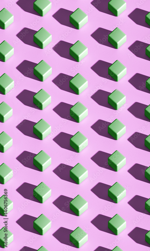 Minimalist geometric pattern with green subes and shadows on purple flor pattern 3d render