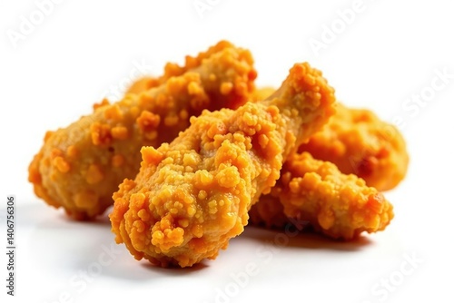 Crispy fried chicken strips, isolated on white , overhead, texture, poultry