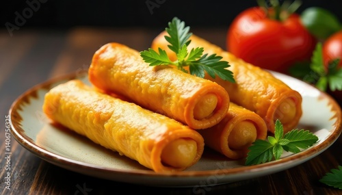 Crispy golden spring rolls, elegant arrangement, food styling, white background