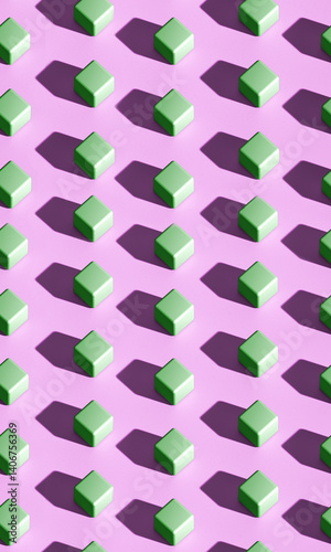 Minimalist geometric pattern with green subes and shadows on purple flor pattern 3d render