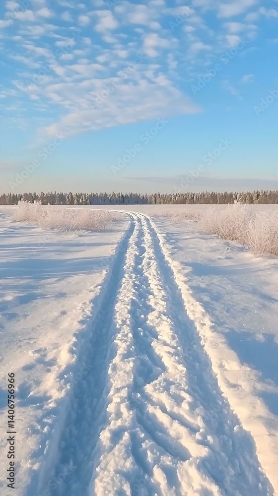 A snowy path cuts through a pristine winter landscape, leading towards a snow-covered forest under a bright blue sky. A snowy path cuts through a pristine winter landscape, leading towards a snow-covered forest under a bright blue sky.
