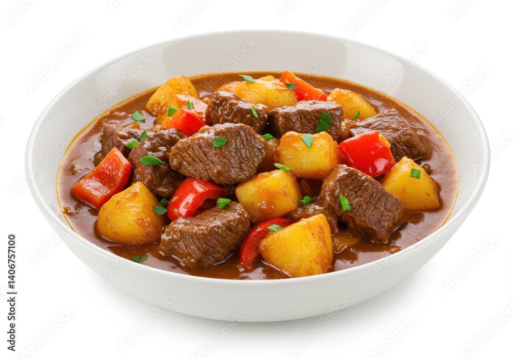 Hearty beef stew with vegetables in bowl isolated on white background Hearty beef stew with vegetables in bowl isolated on white background