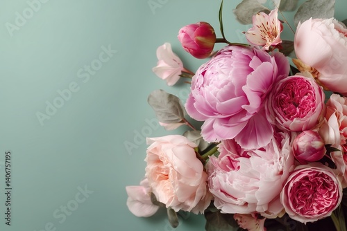 Romantic Floral Composition with Pink Peonies and Roses on Pastel Background with Copy Space for Wedding and Mother's Day