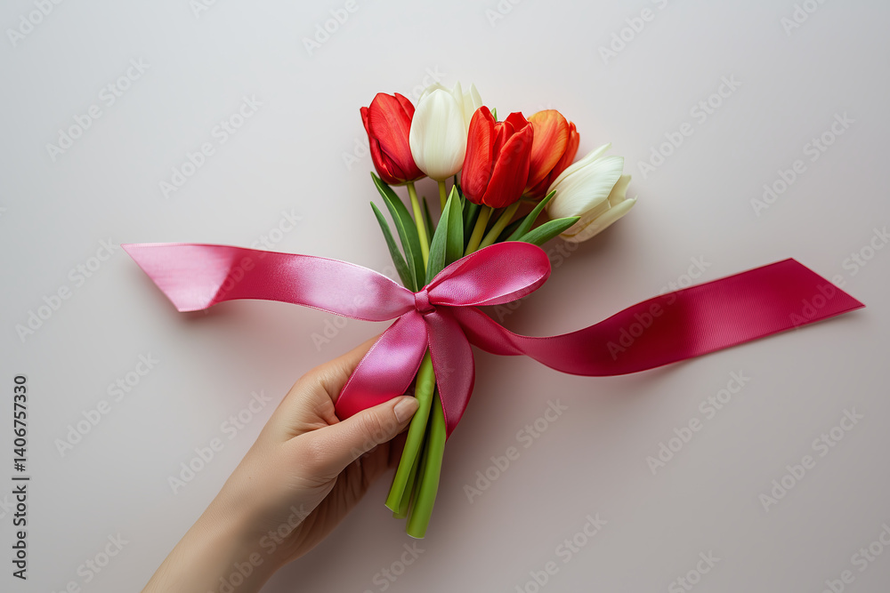 Fototapeta premium Colorful bouquet of tulips held in hand with a vibrant pink ribbon against a light background, perfect for celebrating special occasions or expressing heartfelt emotions