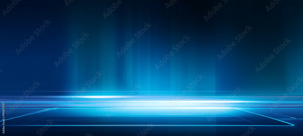 A dark room with a blue glowing floor and a blue glowing rectangle in the distance. A vibrant blue light beam radiating from a central point, Abstract Blue Light