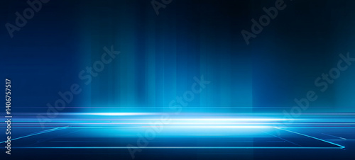 Obraz na płótnie A dark room with a blue glowing floor and a blue glowing rectangle in the distance. A vibrant blue light beam radiating from a central point, Abstract Blue Light w salonie