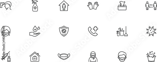 Health editable outline icon set. Protection, hygiene, virus, safety, prevention and more.