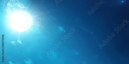 Bright Glowing Orb in Blue Sky With Stars and Clouds Dreamy Serene Scenery