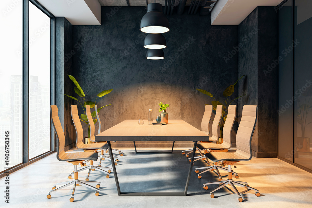 Modern office meeting room with minimalist furniture, large windows, and ambient lighting in a high-rise building interior setting. 3D Rendering