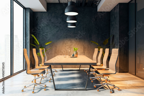Obraz na płótnie Modern office meeting room with minimalist furniture, large windows, and ambient lighting in a high-rise building interior setting. 3D Rendering w salonie