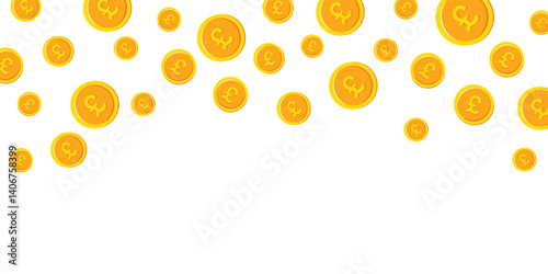 British pound coins falling isolated on landscape white background. Extra scattered GBP coins. United Kingdom money. Favorable jackpot, wealth or success concept. Vector illustration.