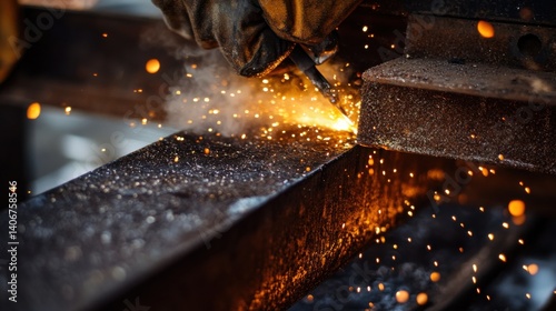 Welder joining two steel plates together using an arc welder. Featuring welding precision