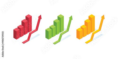 Set of isometric vector illustration isolated on white background, Chart with up arrow, business analytics and financial growth. Chart data diagram isometric. red, green and yellow chart arrow up.