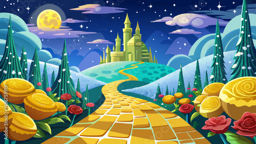 Enchanted yellow brick road leading to the magical emerald city in winter season with beautiful roses snowy day