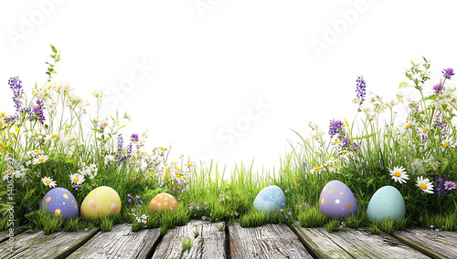 A wooden product display top with an Easter background of painted eggs and green grass and meadows.
