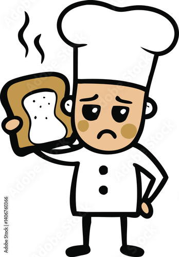 Funny Cartoon Chef Holding Burnt Food Sadly