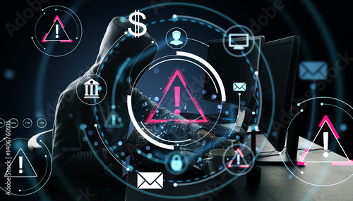 Cybersecurity warning concept with hooded person using computer surrounded by digital alert icons on dark background with glowing interface.