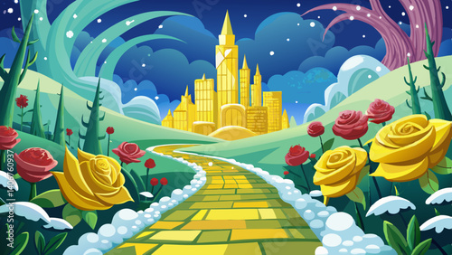 Enchanted yellow brick road leading to the magical emerald city in winter season with beautiful roses snowy day