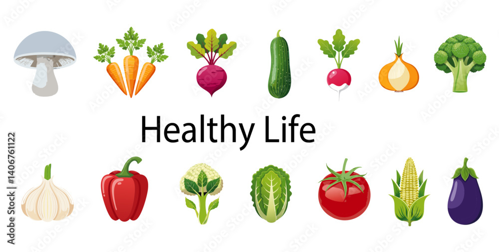 set of vegetables with Healthy Life Text Vector Icon Design