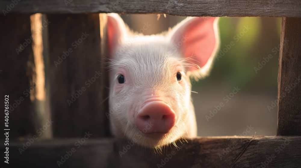 Fototapeta premium A curious piglet peeks through a rustic wooden fence, illuminated by soft natural light, creating a warm and inviting atmosphere.