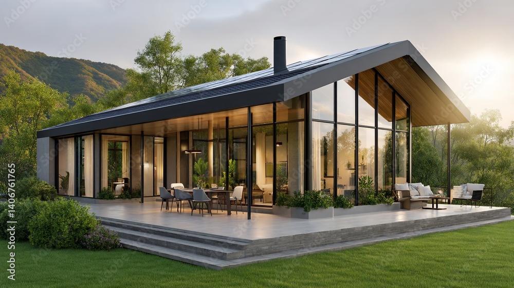 Modern home with large windows, patio, green lawn, and mountain views Modern home with large windows, patio, green lawn, and mountain views