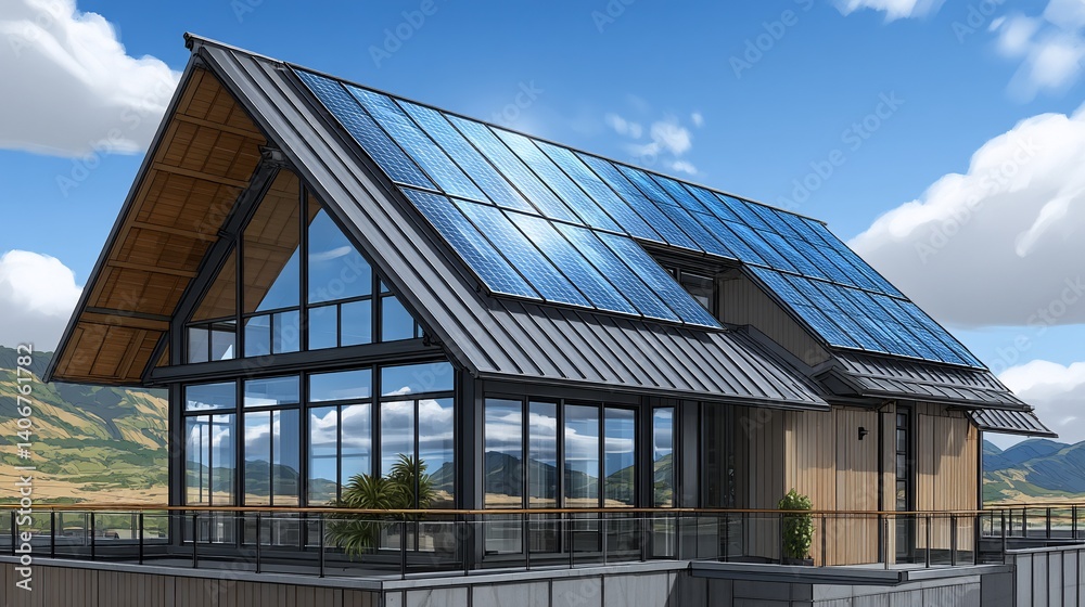 Modern home with solar panels on roof. Energy efficient eco-friendly architecture Modern home with solar panels on roof. Energy efficient eco-friendly architecture