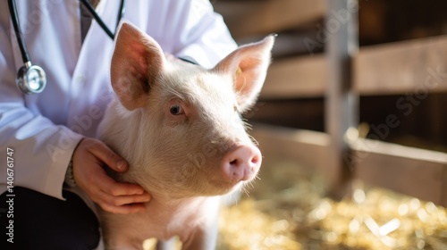 A veterinarian examines a healthy pig in a barn, showcasing the bond between animals and care professionals in agriculture.