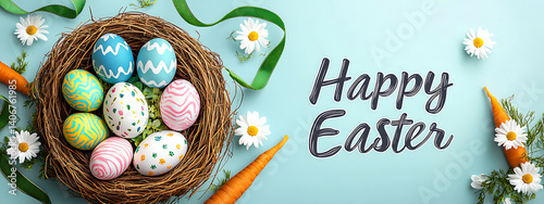 Easter poster and banner template with Fower, carrots and Easter eggs in the nest on table.Greetings and presents for Easter Day in flat lay styling