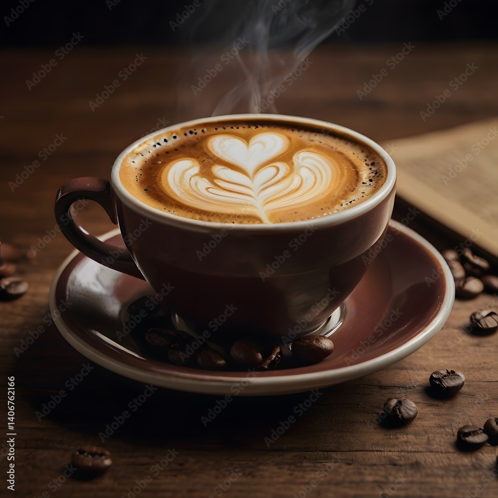 Fototapeta premium Hot coffee latte with latte art milk foam in cup mug