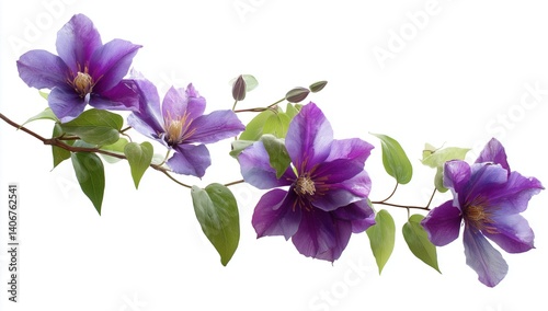 Branch of clematis with purple flowers, isolated on a white backdrop