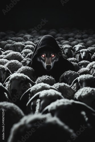 A wolf in sheep's clothing with glowing red eyes peers out from a flock of sheep, shrouded in darkness, creating a surreal and eerie atmosphere.