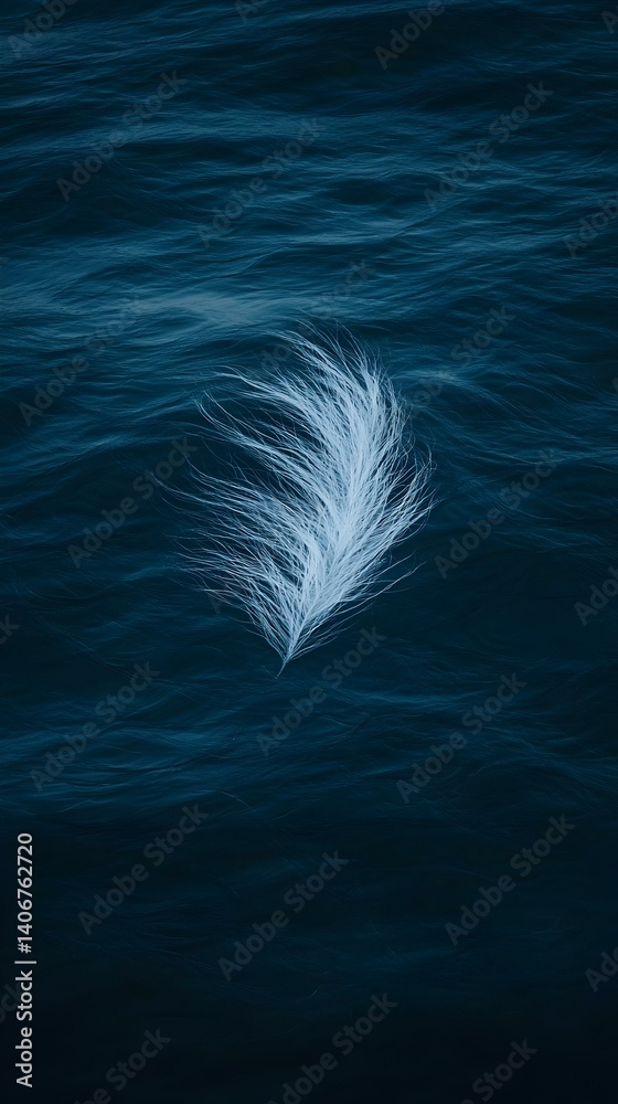 Single white feather floats on dark blue water. Serene, minimalist nature image. Single white feather floats on dark blue water. Serene, minimalist nature image.