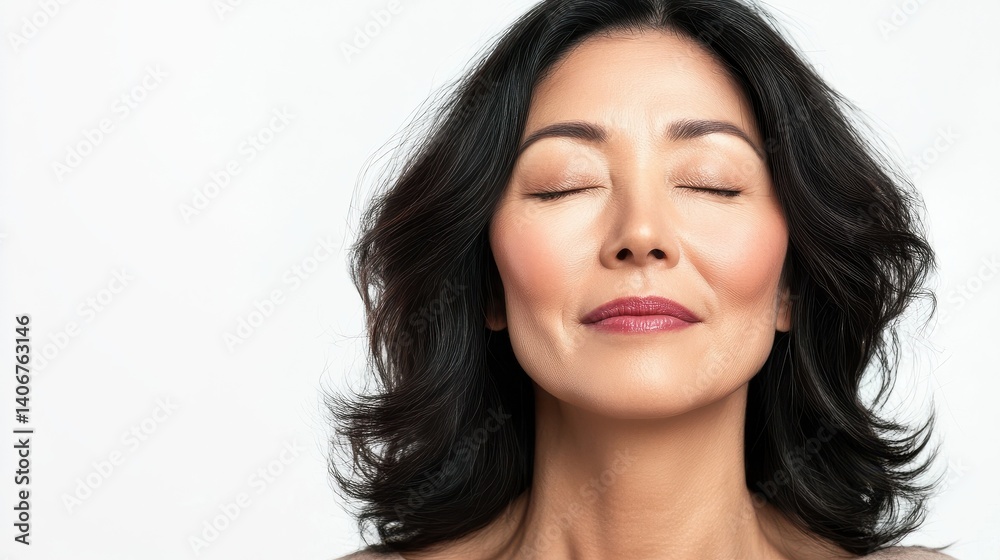 Portrait of gorgeous happy middle aged mature cheerful asian woman, senior older 50s lady pampeher hair eyes closed isolated on white. Ads of lifting anti wrinkle skin hair care spa. Copy space. Portrait of gorgeous happy middle aged mature cheerful asian woman, senior older 50s lady pampeher hair eyes closed isolated on white. Ads of lifting anti wrinkle skin hair care spa. Copy space.