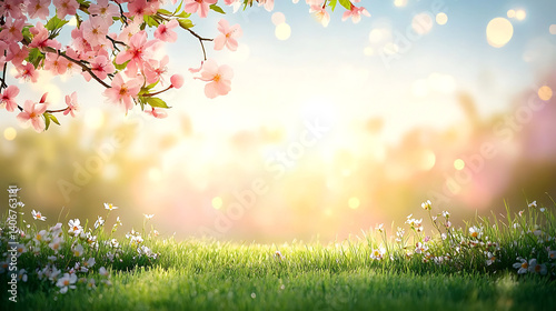 Serene Spring Meadow with Lush Green Grass, Blooming Cherry Blossoms and Sunlight Bokeh