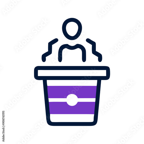 Flat speaker behind modern striped podium icon
