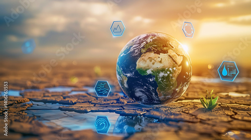 Distressed Earth Globe on Cracked Desert Landscape with Water Data Icons and Recycling Symbols, Climate Crisis Visualization