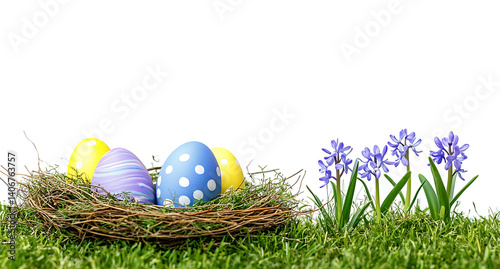 Colored easter eggs lying in the grass on a white background 
