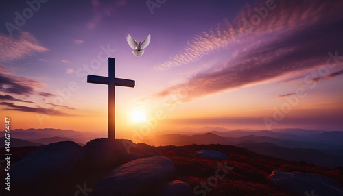 Paisaje de semana santa con el sol del atardecer donde una paloma de la paz sobrevuela la cruz donde jesucristo fue crucificado, en el horizonte un cielo con luz ambiente morada y nubes  