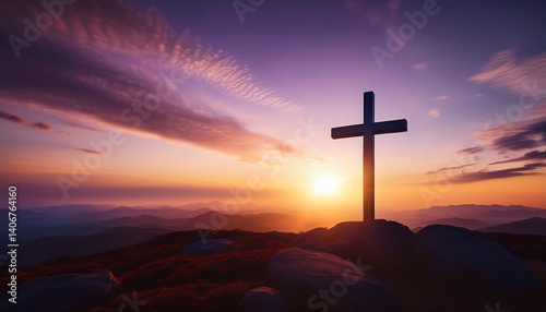 Paisaje de semana santa con el sol del atardecer con la cruz donde jesucristo fue crucificado, en el horizonte un cielo con luz ambiente morada y nubes  