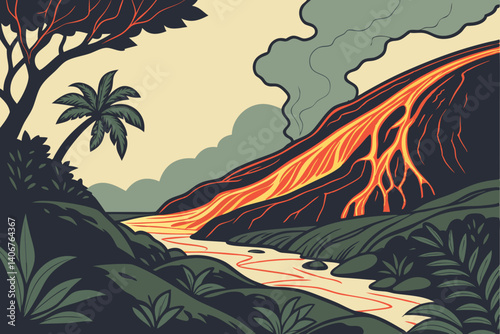 Glowing lava illustration from Volcanoes National Park – Hawaii, USA
